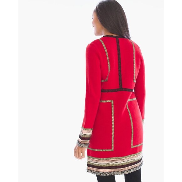 Chicos Reba Womens Red Cardigan With Tribal Embroidered Trim & Open Front - Picture 2 of 13